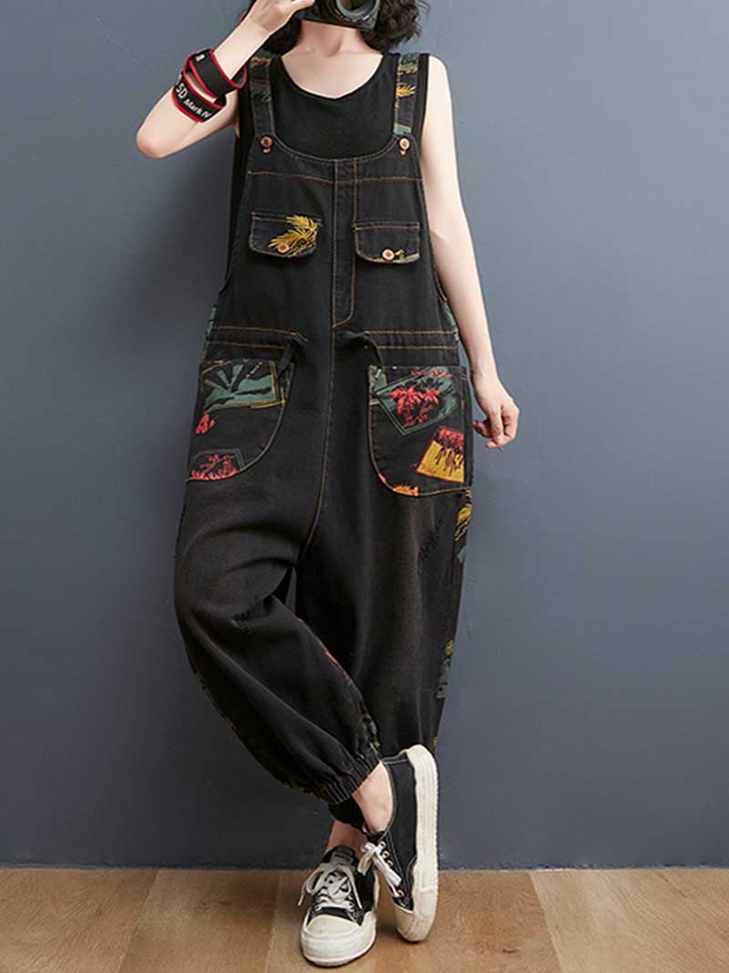 Denim Printed Nine-Point Pants High Waist Overalls Dungaree - Image 2