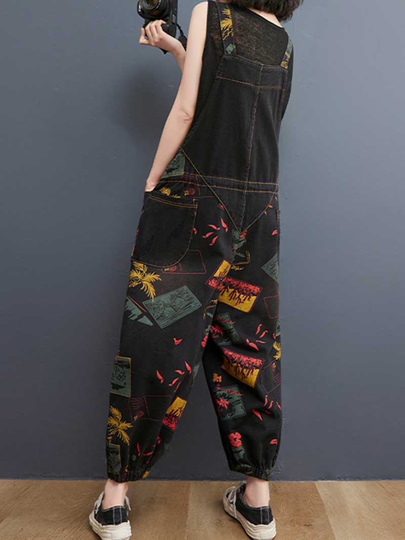 Denim Printed Nine-Point Pants High Waist Overalls Dungaree - Image 4