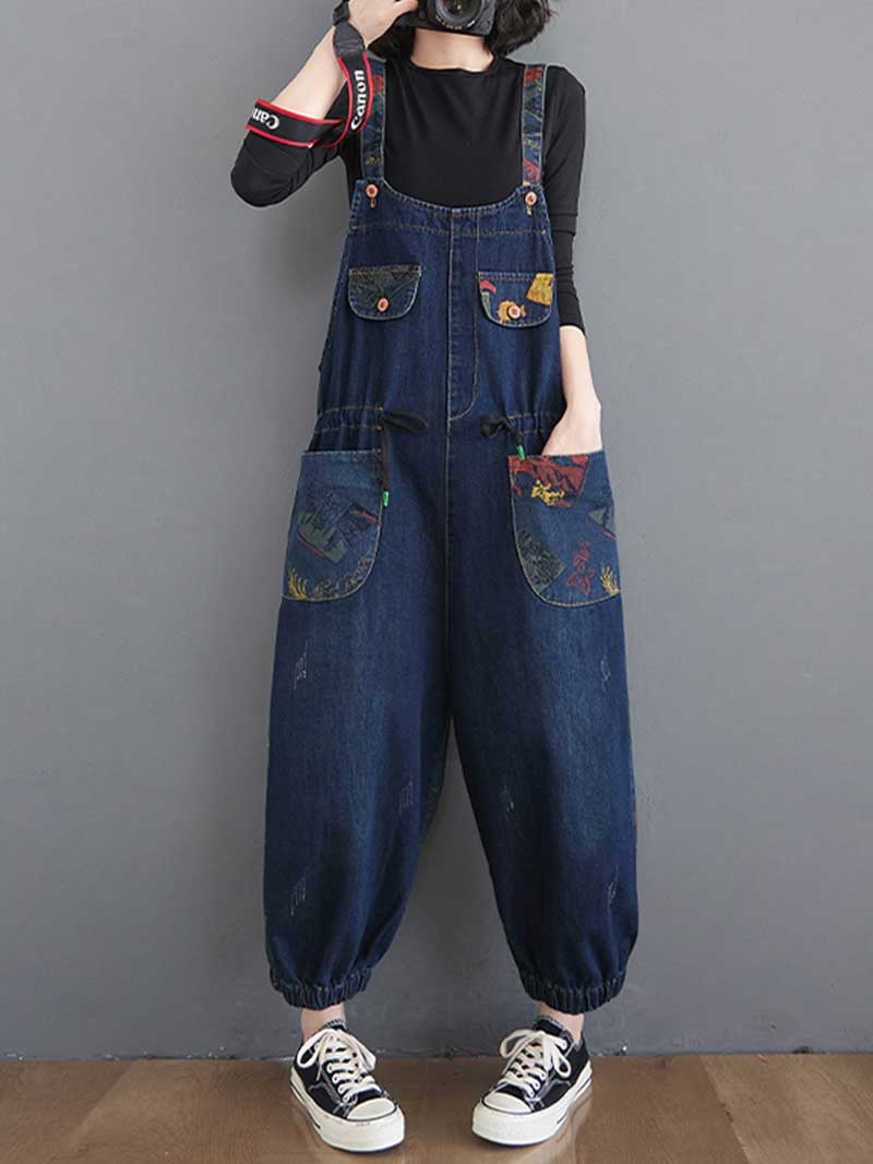 Denim Printed Nine-Point Pants High Waist Overalls Dungaree - Image 5