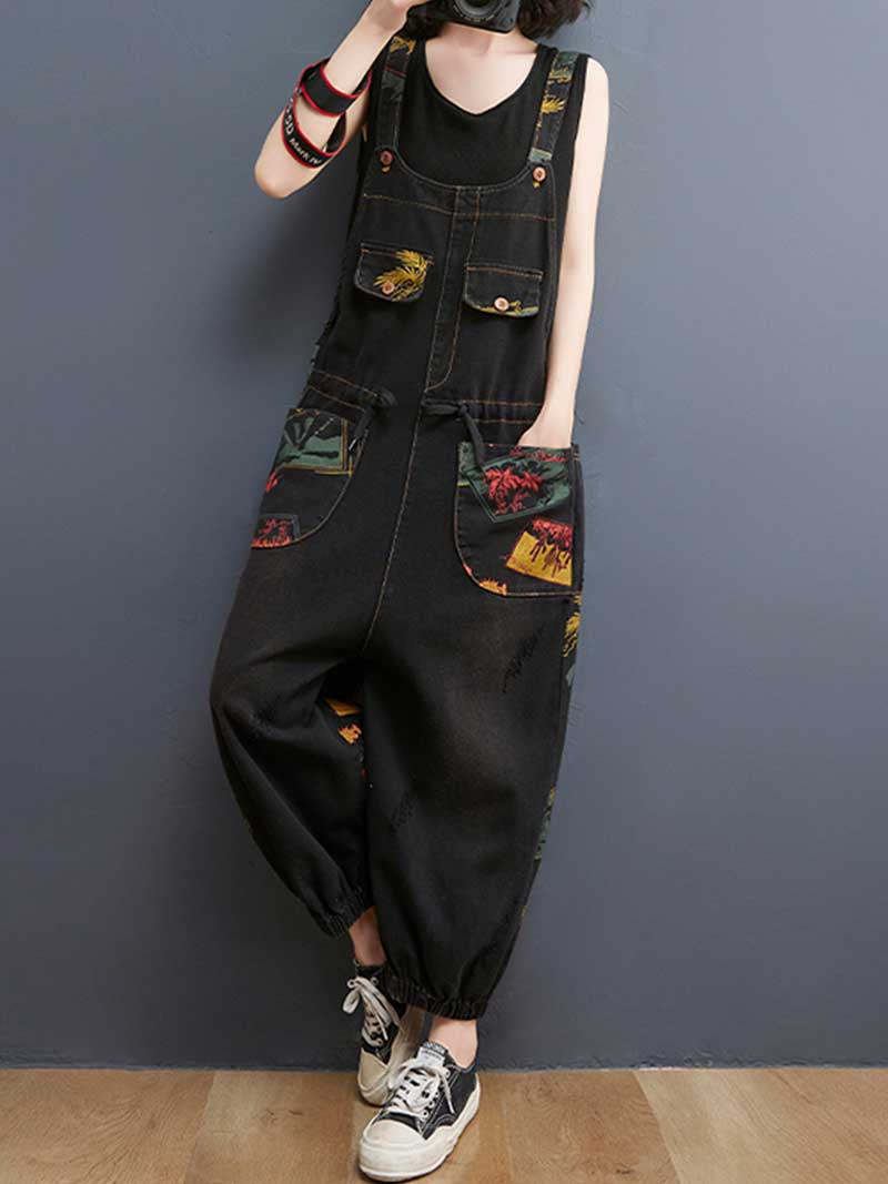 Denim Printed Nine-Point Pants High Waist Overalls Dungaree - Image 6