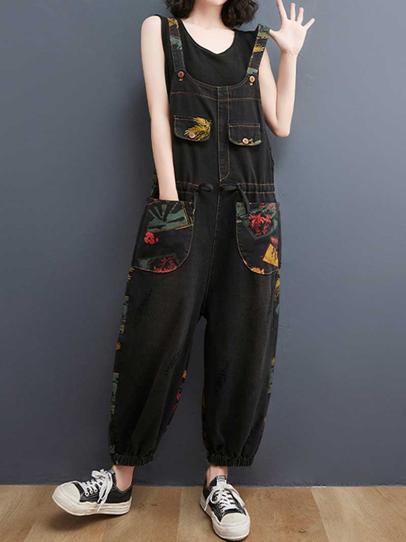 Denim Printed Nine-Point Pants High Waist Overalls Dungaree - Image 7