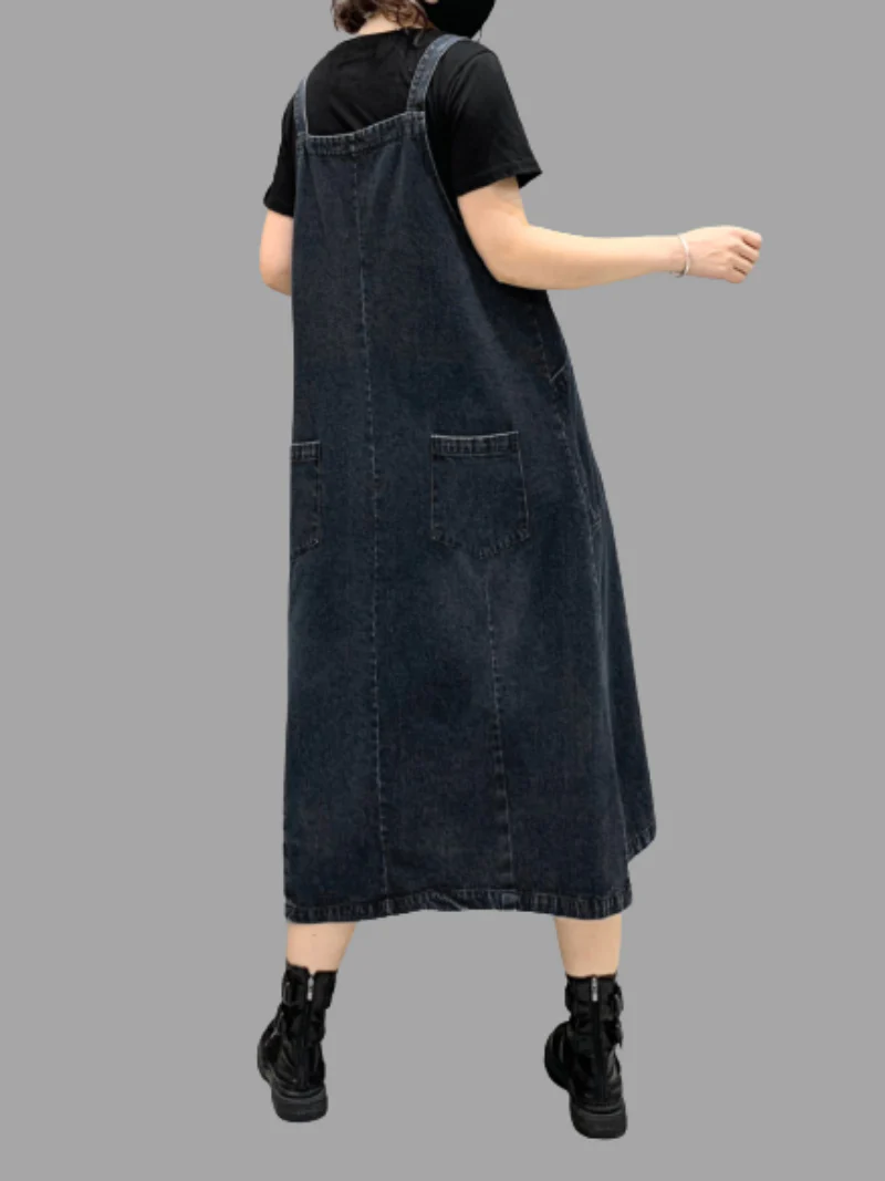 Denim Mid-Length Over-The-Knee Casual Salopette Dress - Image 2