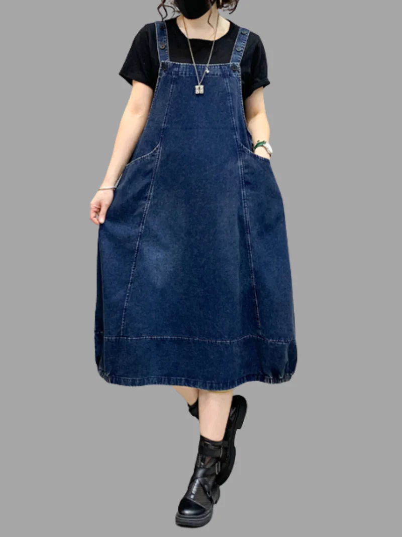 Denim Mid-Length Over-The-Knee Casual Salopette Dress - Image 5