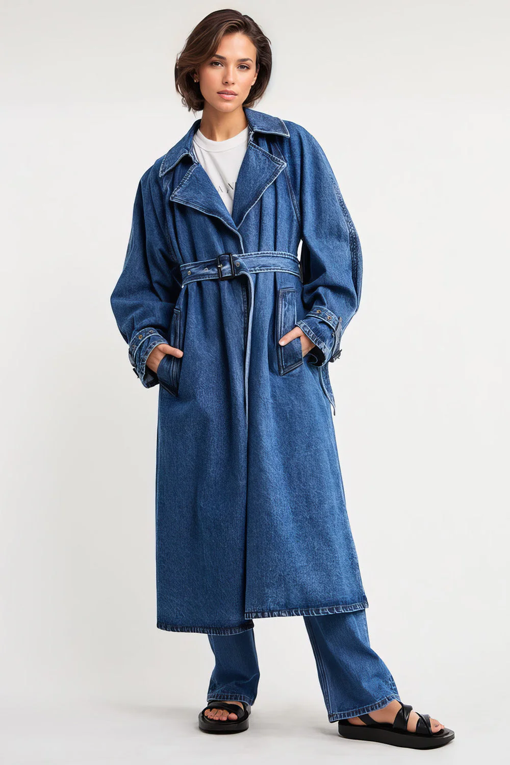 Denim Trenchoat with Belt - Blue - Image 3