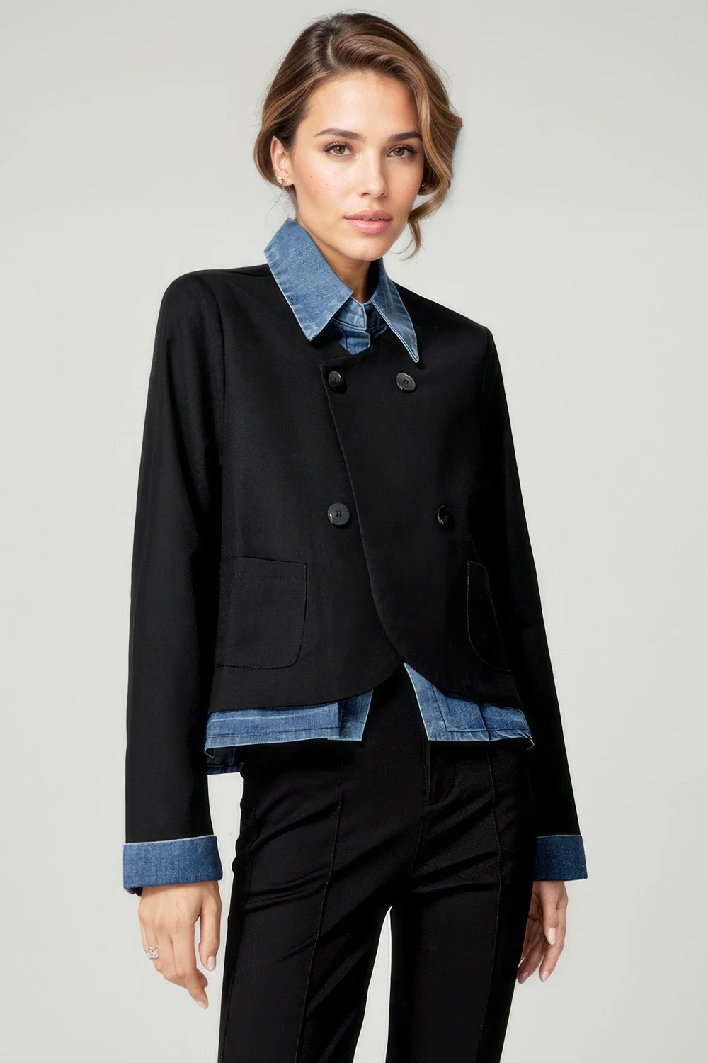 Denim-Trim Blazer - Black - Image 2