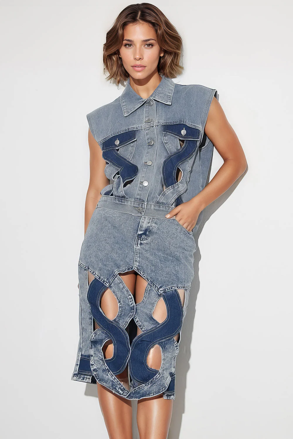 Denim Waistcoat with Spiral Cuts - Blue - Image 2