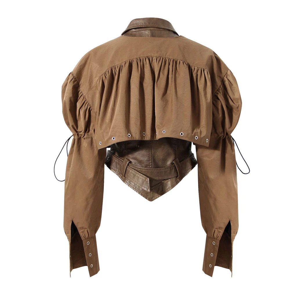 Detachable Puff Sleeve Folded Collar Belted Vegan Leather Cropped Jacket - Image 2