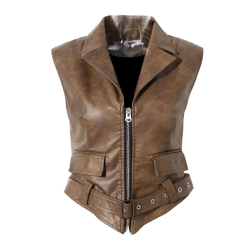 Detachable Puff Sleeve Folded Collar Belted Vegan Leather Cropped Jacket - Image 3