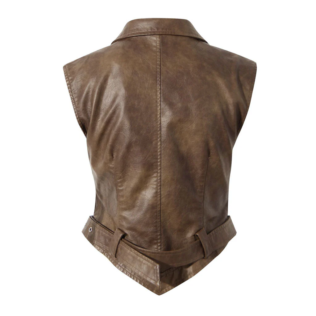 Detachable Puff Sleeve Folded Collar Belted Vegan Leather Cropped Jacket - Image 4