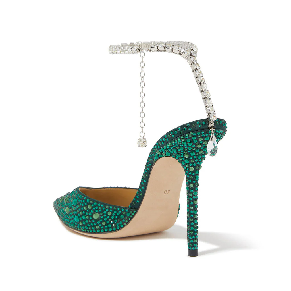 Diamante Ankle Strap Pointed Toe High Heel Pumps - Emerald Green - Image 3