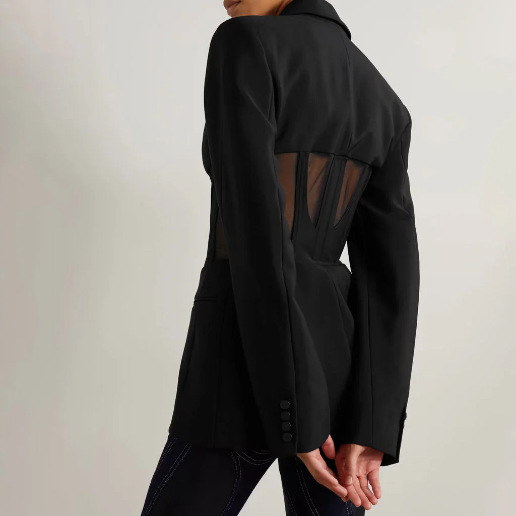 Distinct Lapel Hook and Eye Sheer Mesh Corset Shoulder Pad Long Sleeve Tailored Blazer - Image 2