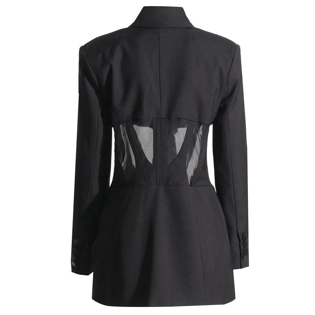 Distinct Lapel Hook and Eye Sheer Mesh Corset Shoulder Pad Long Sleeve Tailored Blazer - Image 4