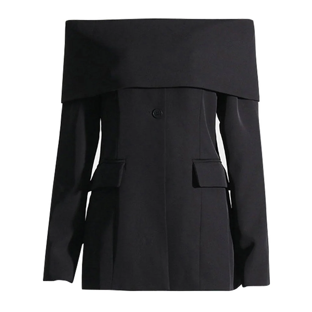 Distinctive Folded Collar Off The Shoulder Long Sleeve Single Button Split Front Blazer - Image 2