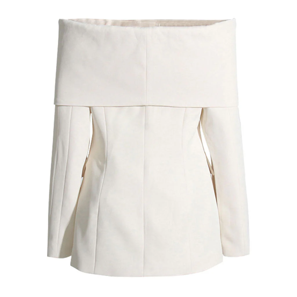 Distinctive Folded Collar Off The Shoulder Long Sleeve Single Button Split Front Blazer - Image 3