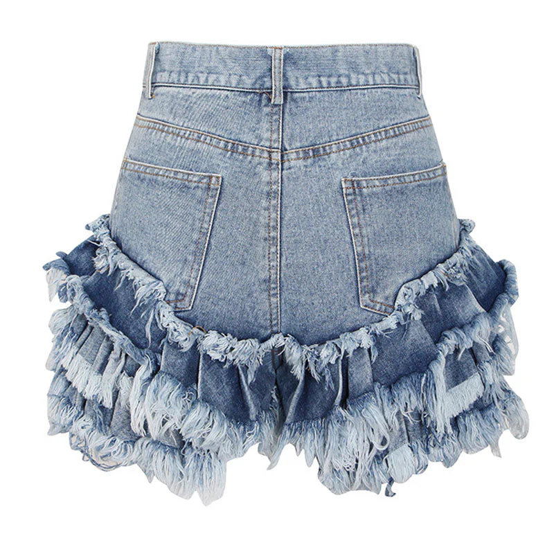 Distressed Frayed Detail Tiered Ruffle Trim High Waist Denim Shorts - Image 2