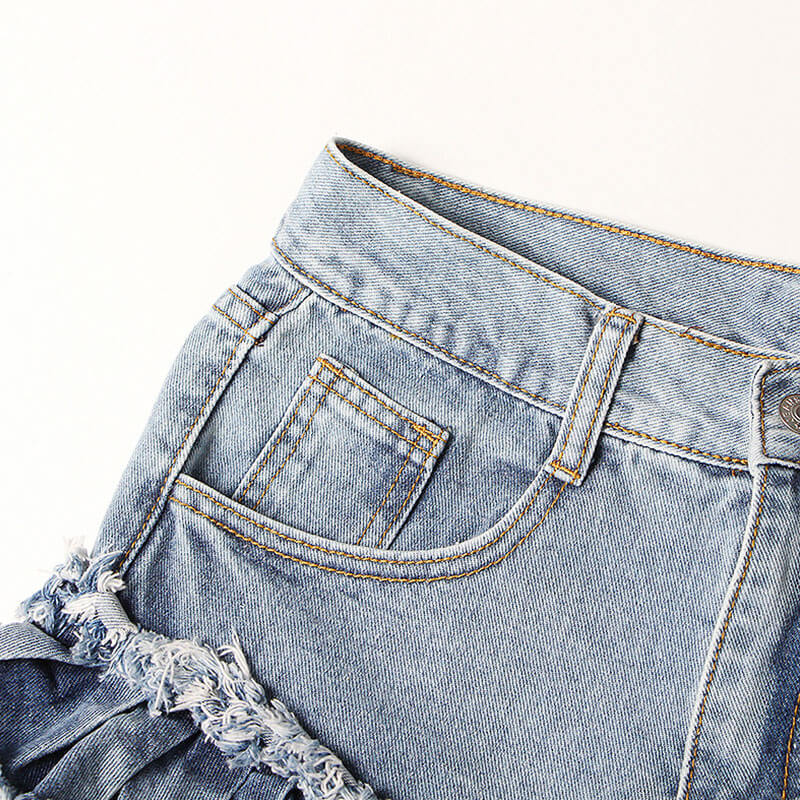 Distressed Frayed Detail Tiered Ruffle Trim High Waist Denim Shorts - Image 3