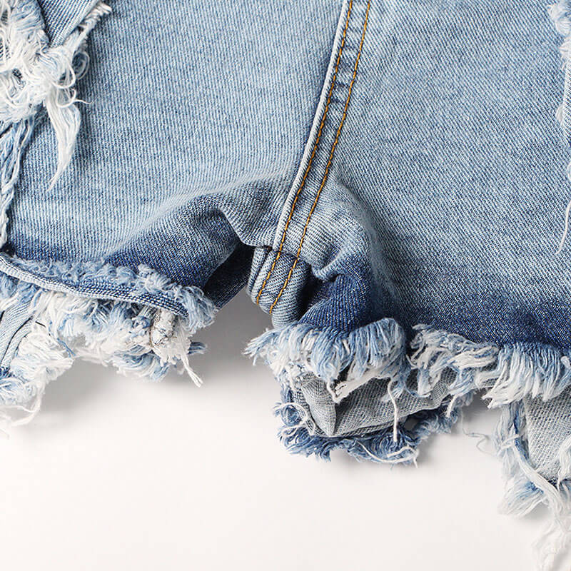 Distressed Frayed Detail Tiered Ruffle Trim High Waist Denim Shorts - Image 4