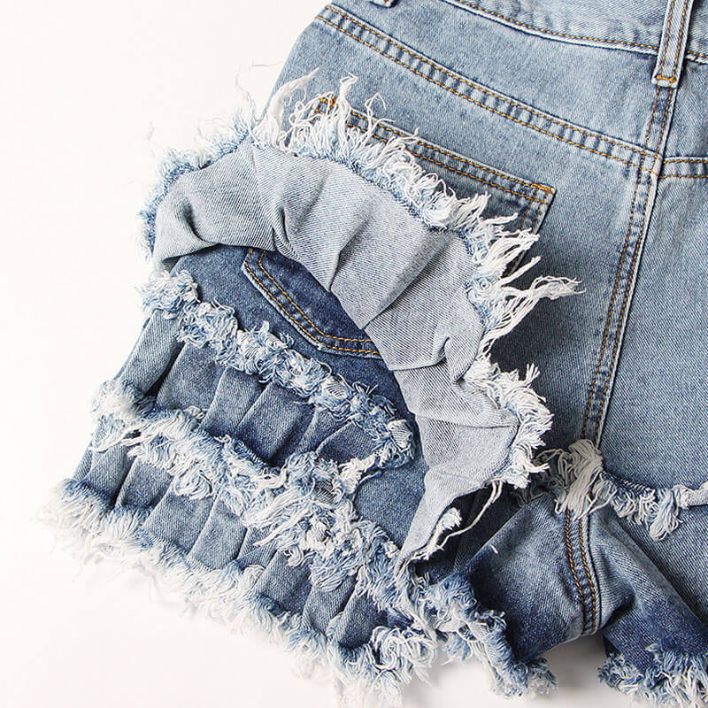 Distressed Frayed Detail Tiered Ruffle Trim High Waist Denim Shorts - Image 5