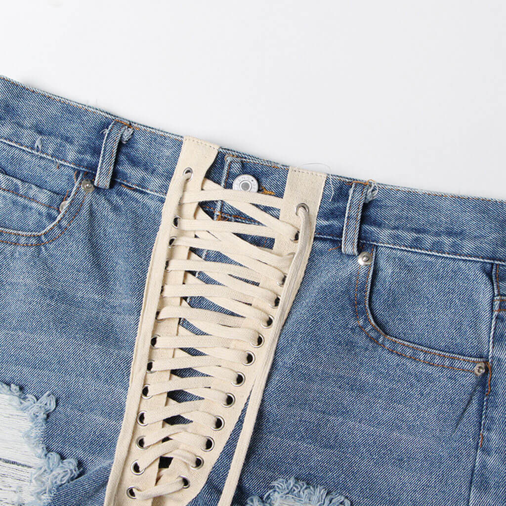Distressed Ripped Detail Lace Up Front Cut Off Bermuda Denim Shorts - Image 3