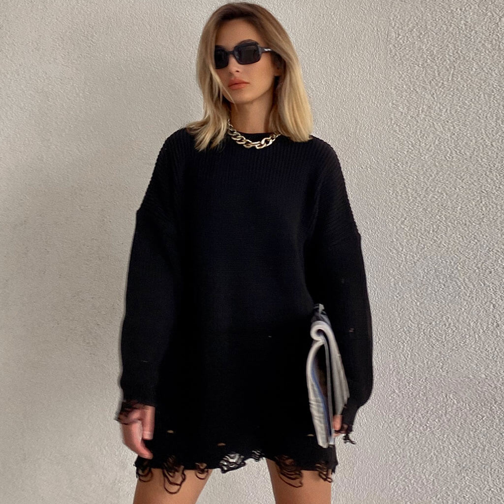Distressed Trim Oversized Pullover Sweater Mini Dress - Black - Image 2