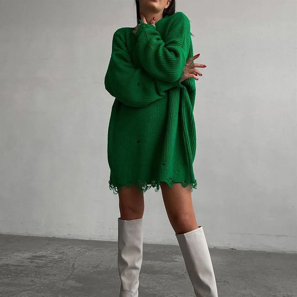 Distressed Trim Oversized Pullover Sweater Mini Dress - Emerald Green - Image 2