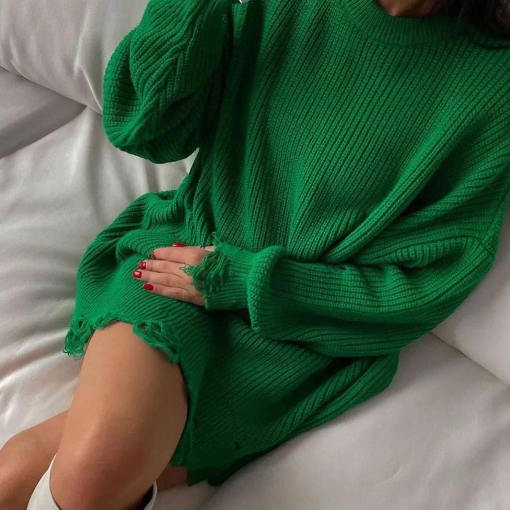 Distressed Trim Oversized Pullover Sweater Mini Dress - Emerald Green - Image 3
