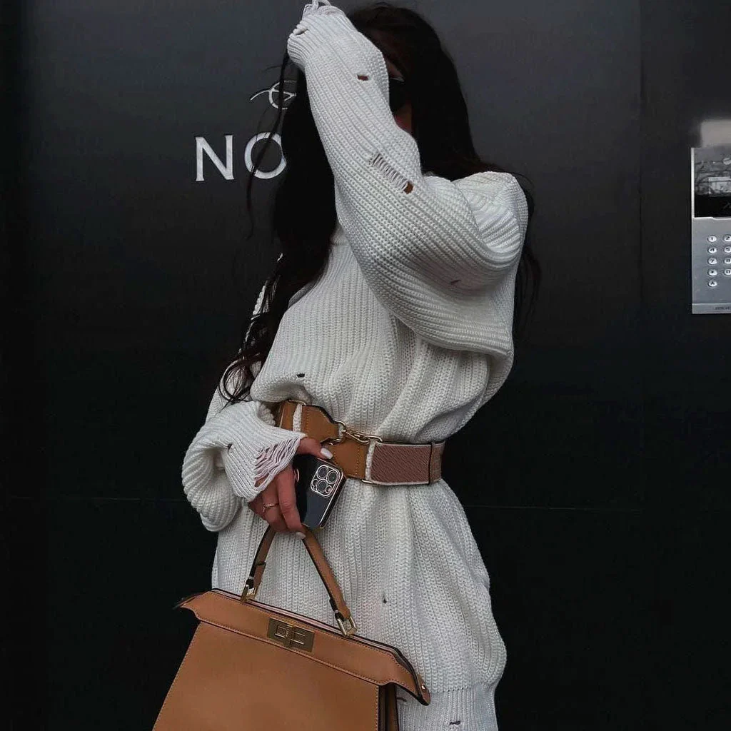 Distressed Trim Oversized Pullover Sweater Mini Dress - White - Image 3