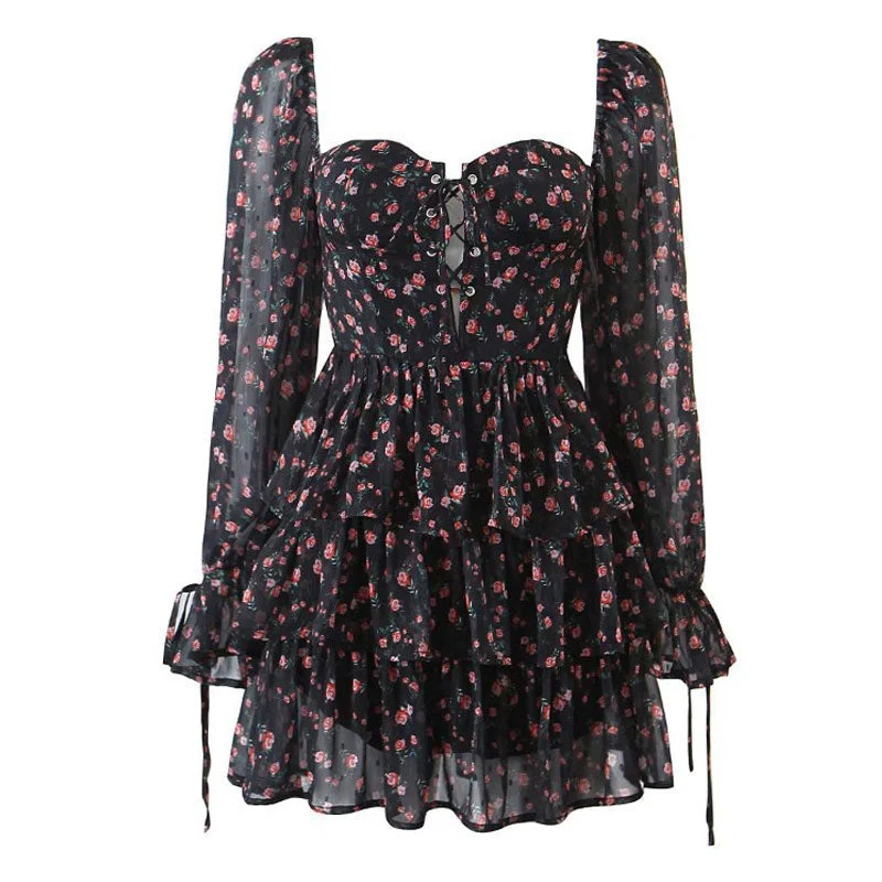 Ditsy Floral Sweetheart Lace Up Bishop Sleeve Tiered Mini Dress - Black - Image 3
