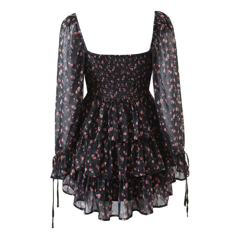 Ditsy Floral Sweetheart Lace Up Bishop Sleeve Tiered Mini Dress - Black - Image 4