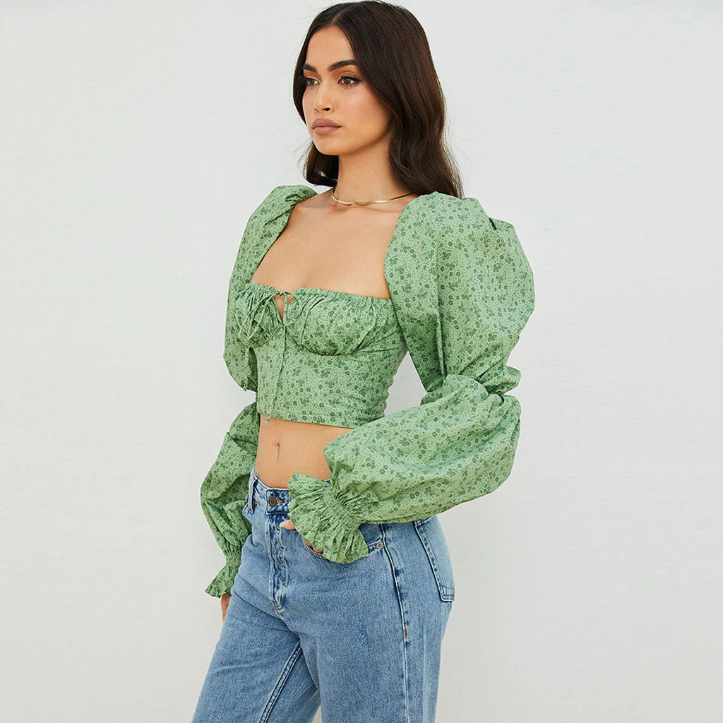 Ditsy Printed Tied Front Bustier Puff Sleeve Crop Top - Green - Image 2