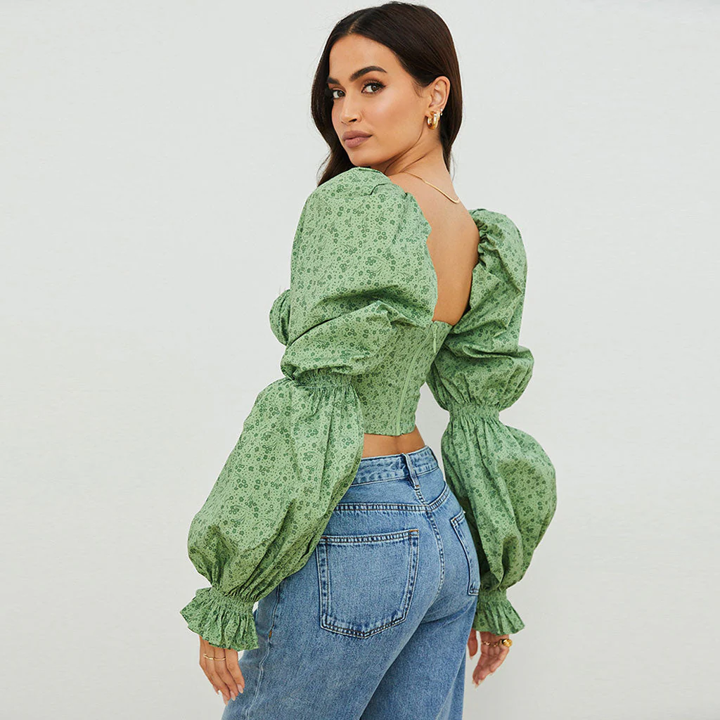 Ditsy Printed Tied Front Bustier Puff Sleeve Crop Top - Green - Image 3