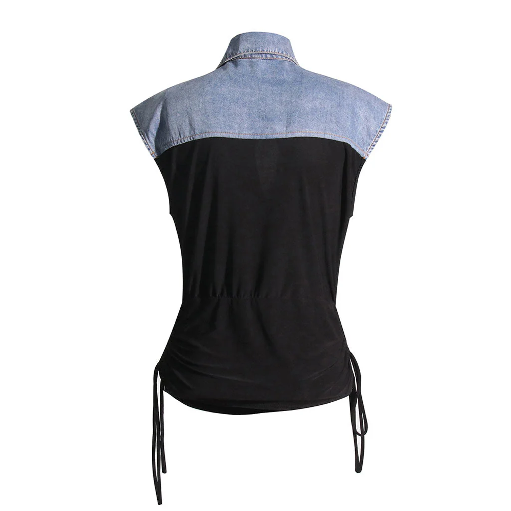 Diverse Button Collared CutOut Draped Ruched Tie Side Sleeveless Denim Hybrid Top - Image 2