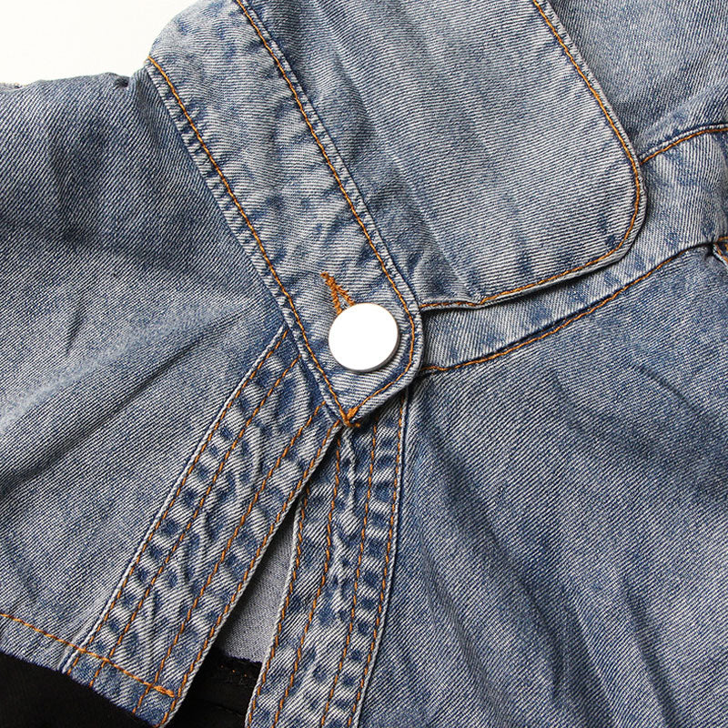 Diverse Button Collared CutOut Draped Ruched Tie Side Sleeveless Denim Hybrid Top - Image 3