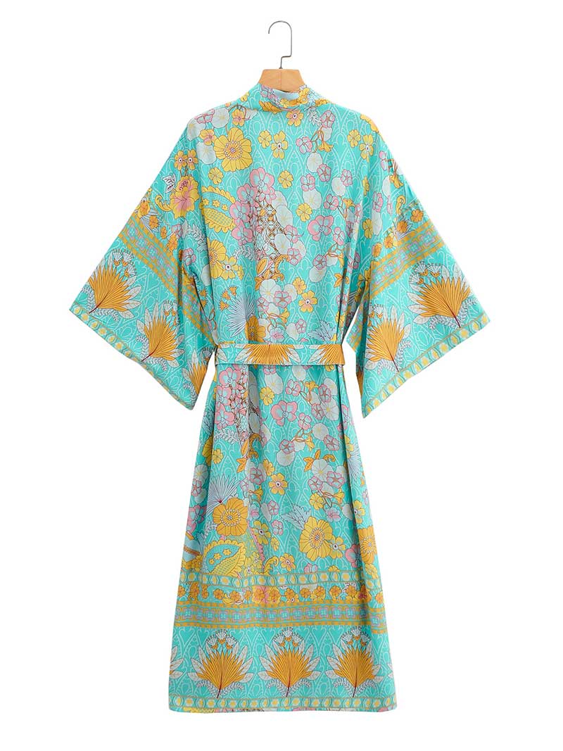 Birthday Party Floral Print Green Color Cotton Long Kimono Robe - Image 2