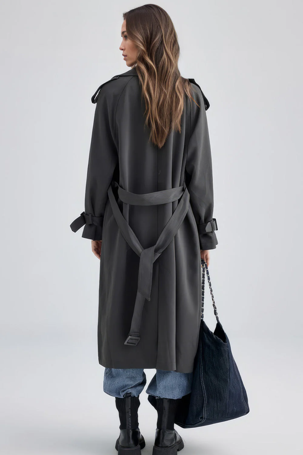 Double Breasted Plain Trenchcoat - Grey - Image 2