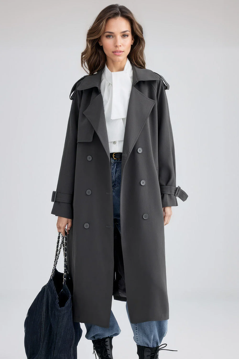 Double Breasted Plain Trenchcoat - Grey - Image 3