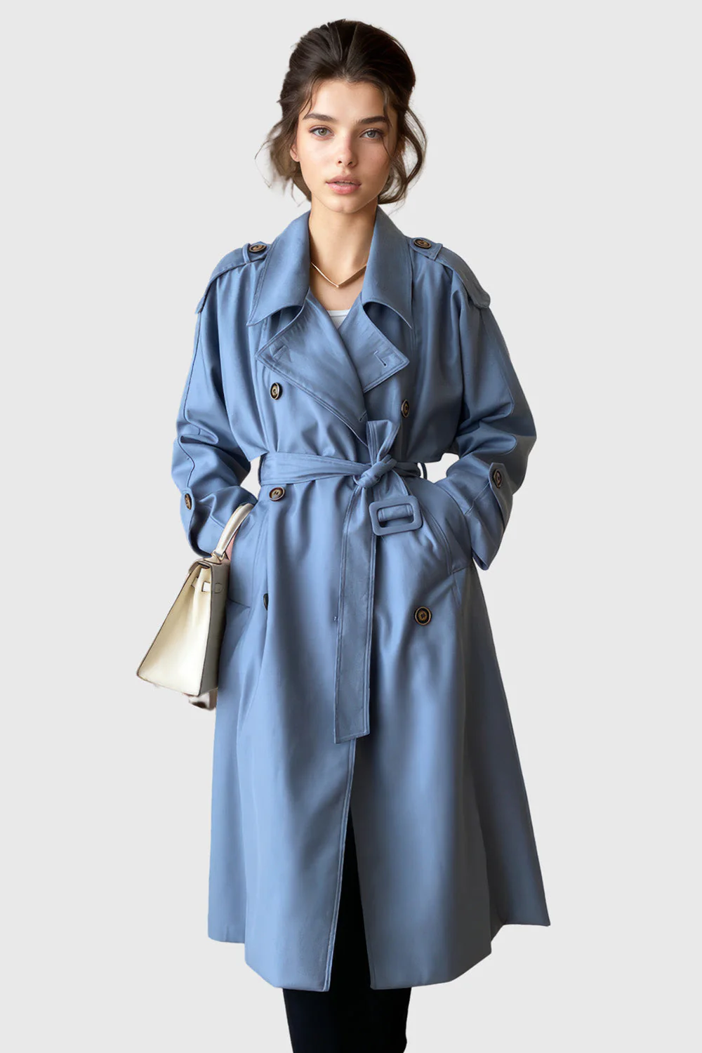 Double Breasted Trenchcoat with Belt - Blue - Image 2