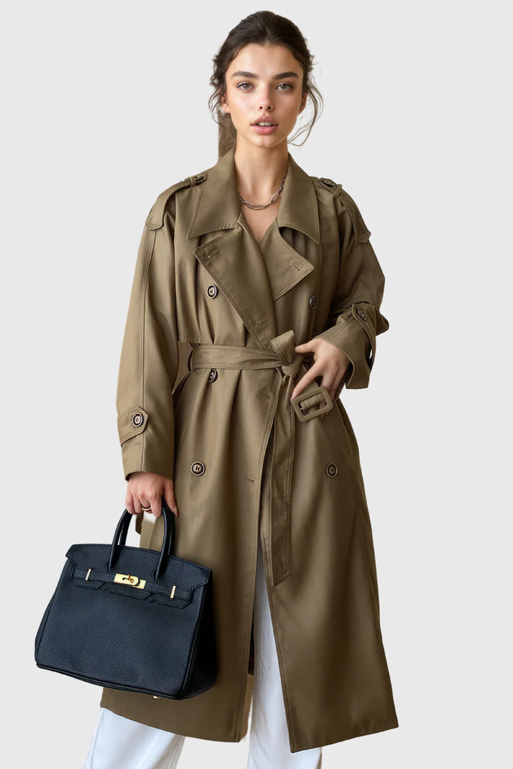 Double Breasted Trenchcoat with Belt - Khaki - Image 2