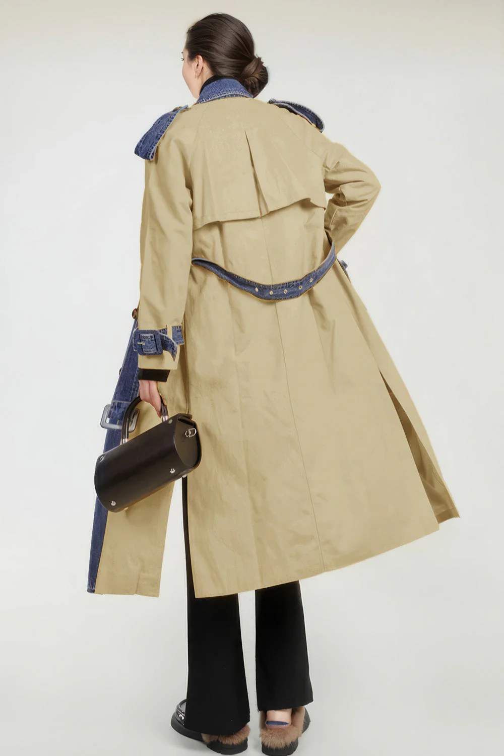Double Breasted Trenchcoat with Denim Inserts - Brown - Image 2