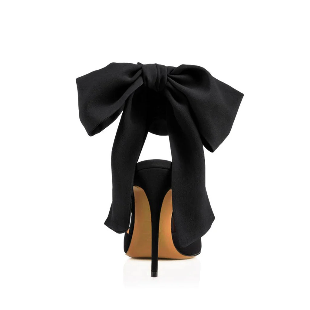 Dramatic Ankle Bow Tie Pointed Toe Stiletto Satin Pumps - Black - Image 3