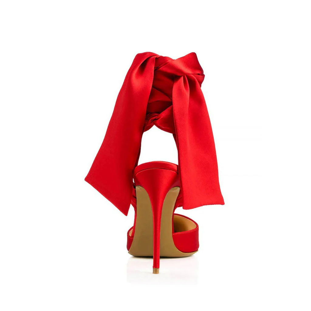 Dramatic Ankle Bow Tie Pointed Toe Stiletto Satin Pumps - Red - Image 2