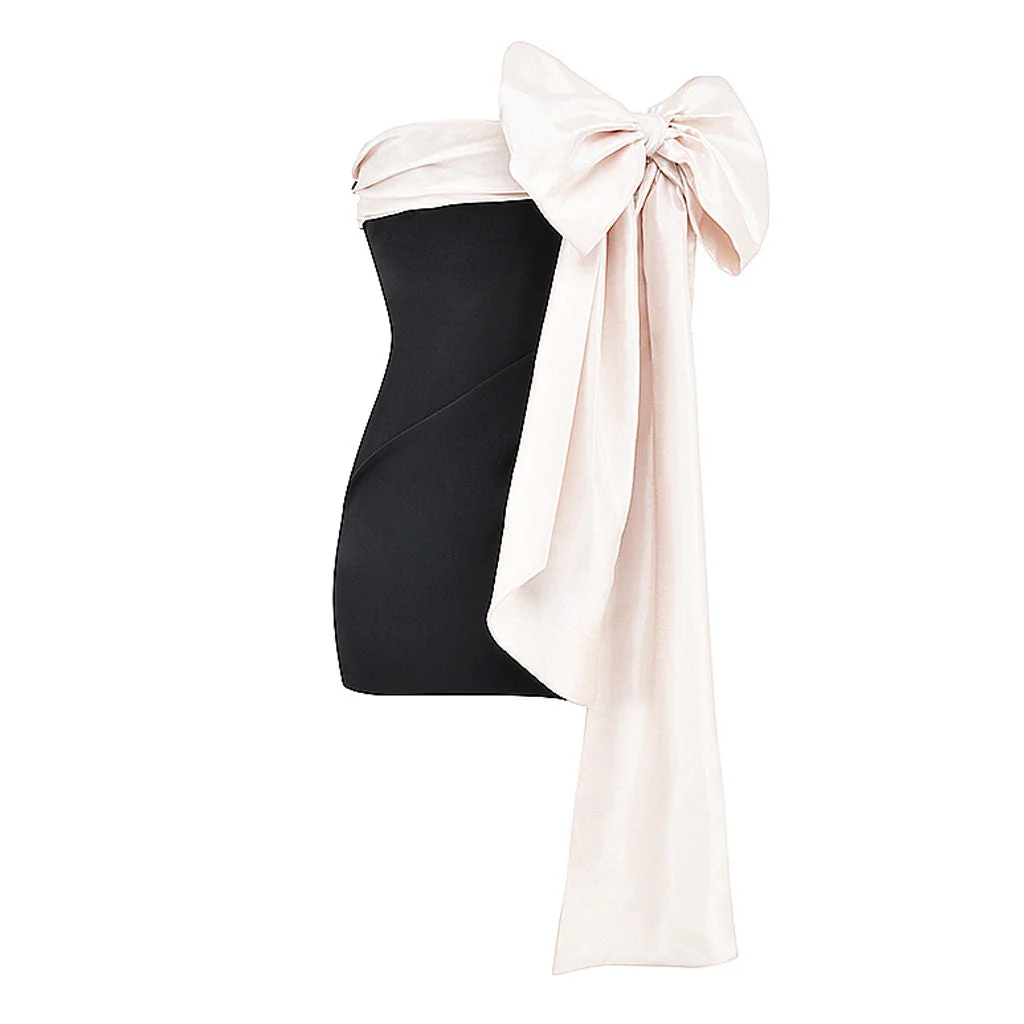 Dramatic Draped Bow Detail Contrast Ruched Strapless Bodycon Mini Dress - Image 2