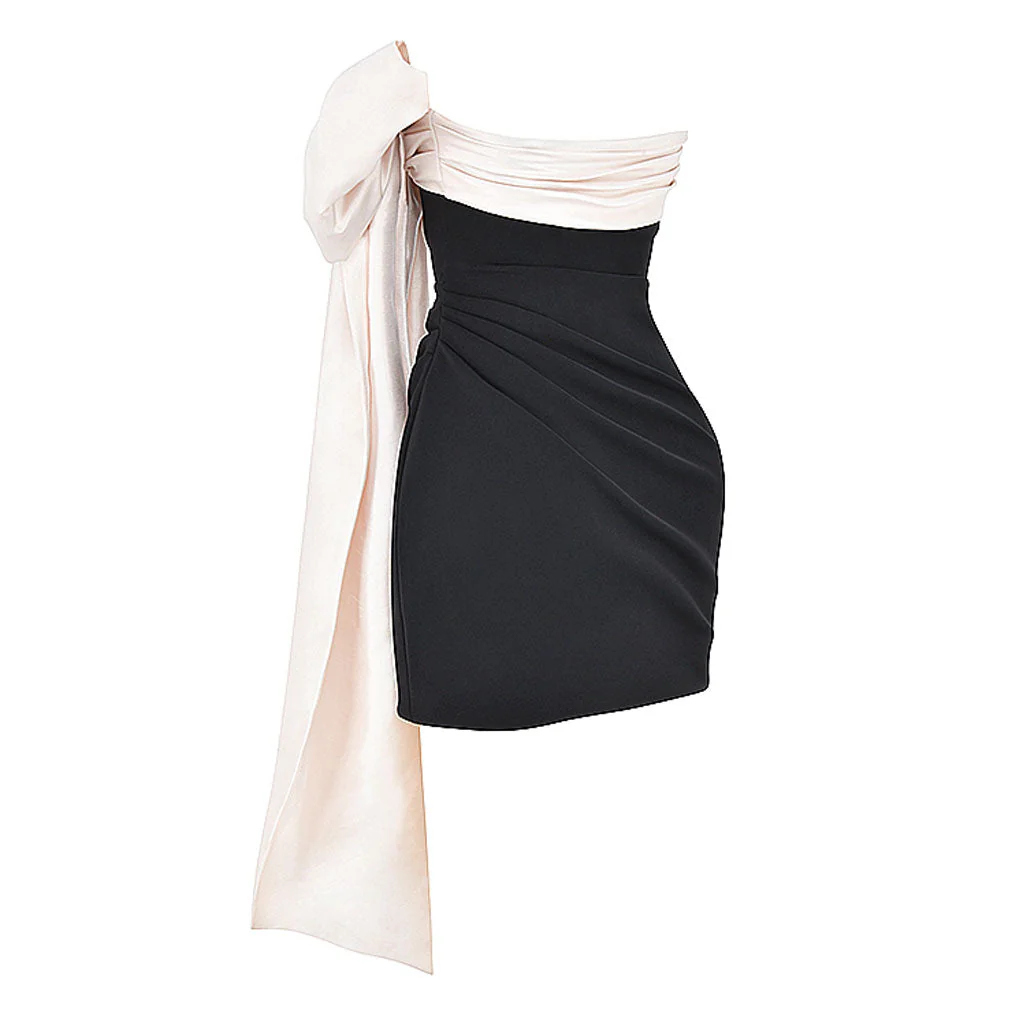 Dramatic Draped Bow Detail Contrast Ruched Strapless Bodycon Mini Dress - Image 3