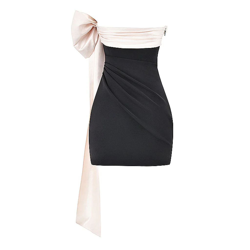 Dramatic Draped Bow Detail Contrast Ruched Strapless Bodycon Mini Dress - Image 4