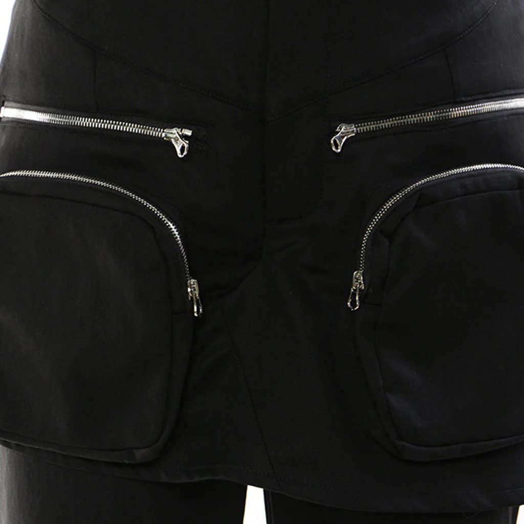 Dramatic High Waist Metallic Zipper Cargo Pocket Layered Flared Pants - Image 3