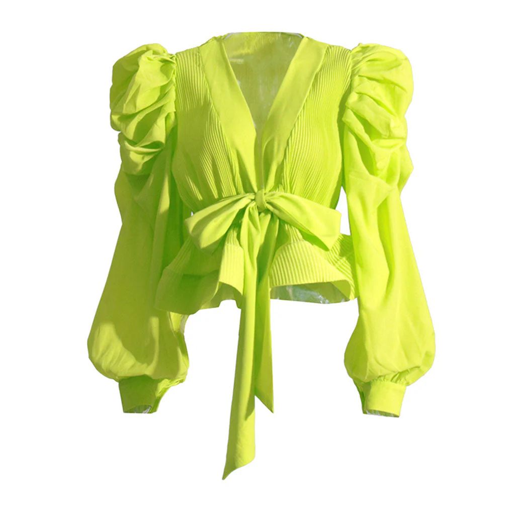 Dramatic Puff Sleeve V Neck Tie Front Pleated Chiffon Peplum Blouse - Image 2