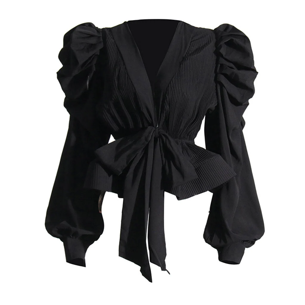 Dramatic Puff Sleeve V Neck Tie Front Pleated Chiffon Peplum Blouse - Image 3