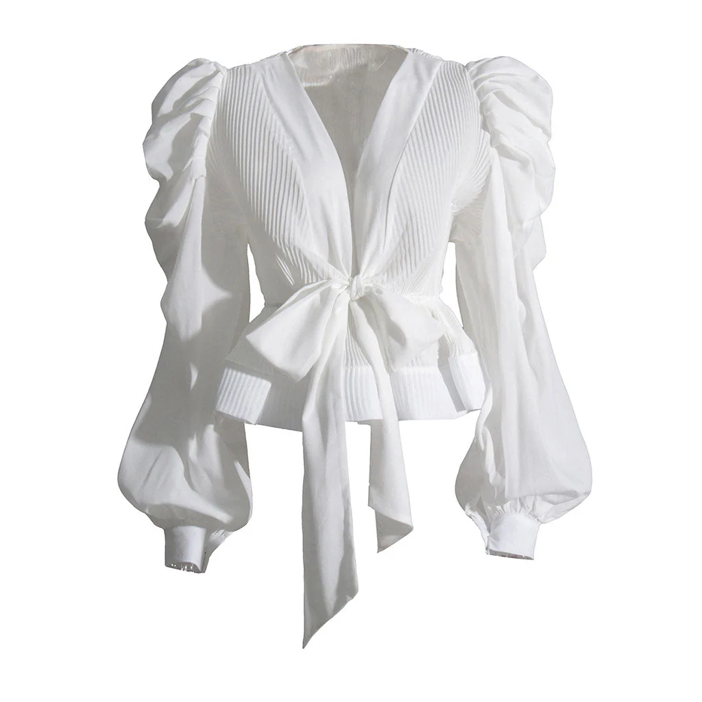 Dramatic Puff Sleeve V Neck Tie Front Pleated Chiffon Peplum Blouse - Image 4