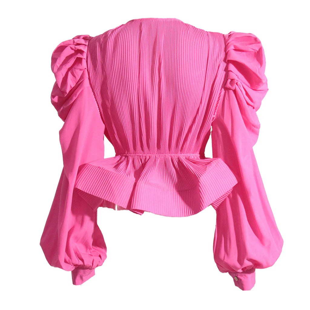 Dramatic Puff Sleeve V Neck Tie Front Pleated Chiffon Peplum Blouse - Image 5