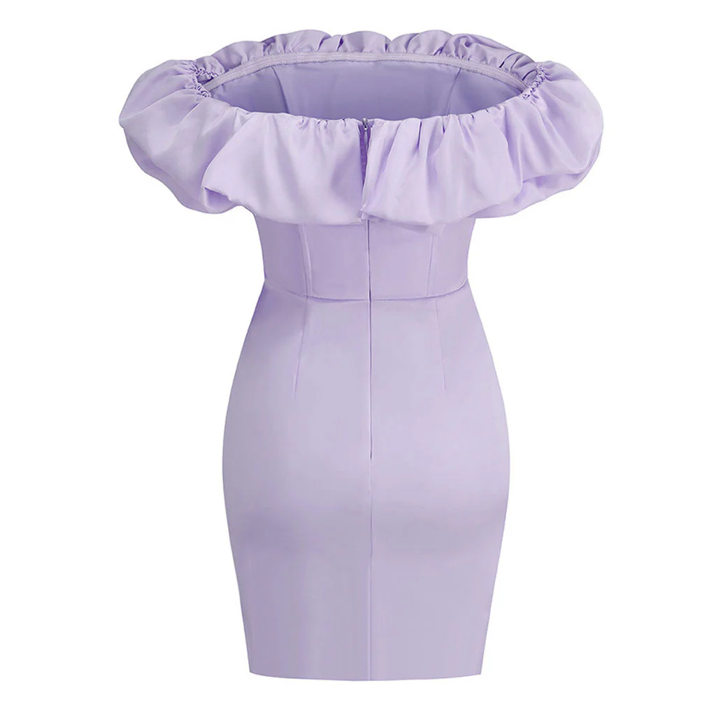Dramatic Ruffle Off the Shoulder Side Split Satin Bodycon Mini Party Dress - Image 2